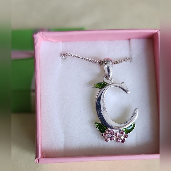Avon Jewelry - Avon Silver Necklace with Pink and Green 'C' Pendant